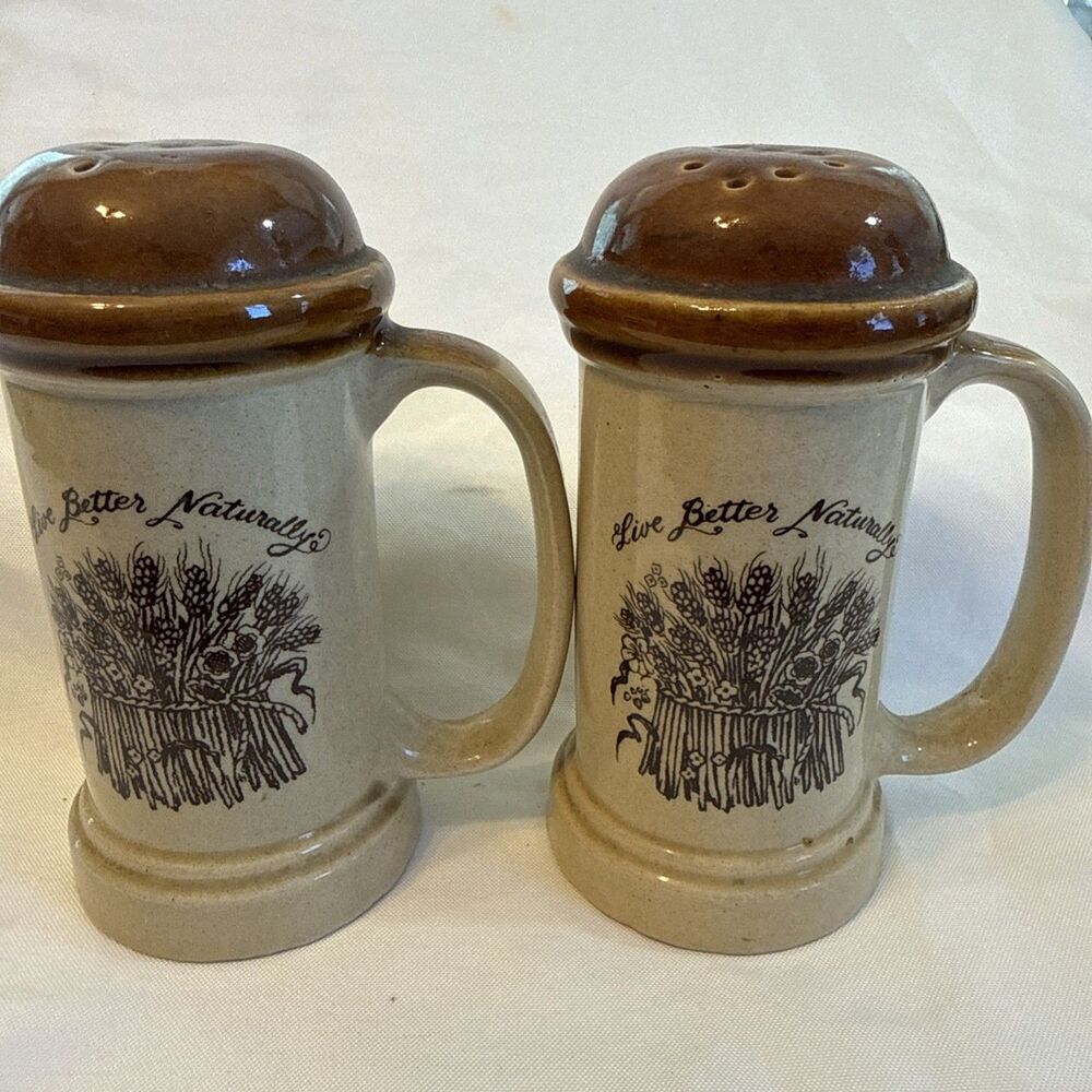 Enesco Stoneware Live Better Naturally Salt And Pepper Shakers 1977